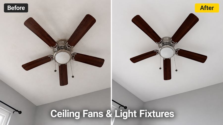 Ceiling fan and light fixture cleaning before and after