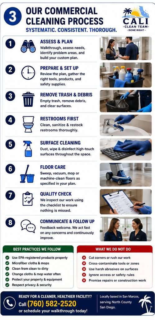 Our professional commercial cleaning services process in San Marcos, CA, step by step