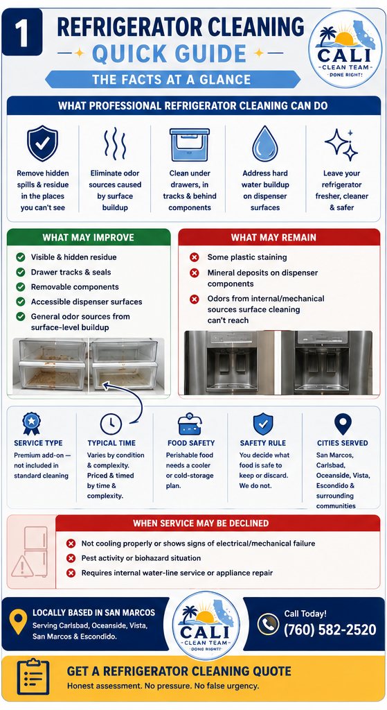 Refrigerator Cleaning in San Marcos, CA — quick facts: what's included and what may be permanent